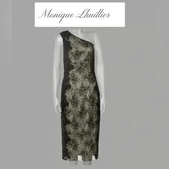 MONIQUE LHUILLIER Chantilli Lace one shoulder cocktail dress black over nude - Picture 2 of 8